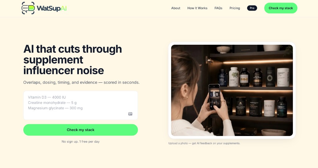 WatSupAI homepage — AI supplement stack scoring